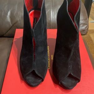 Black suede peep toe booties size 9